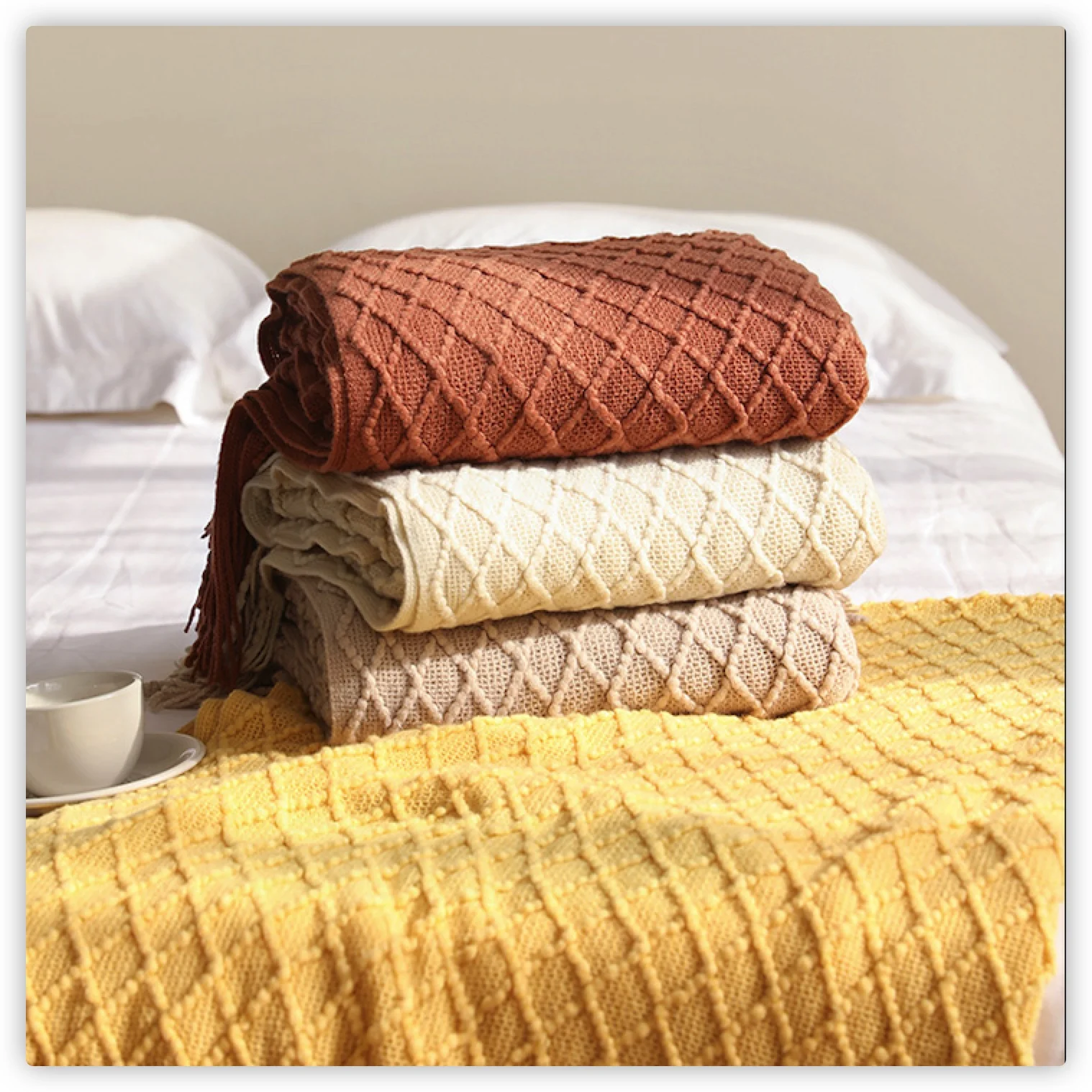 Boho Throw Blanket Fringe - Coperta in maglia a rombi con